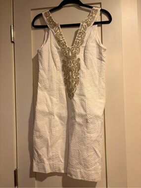 Lilly Pulitzer White Sleeveless Dress with Gold Embellished V-Detail